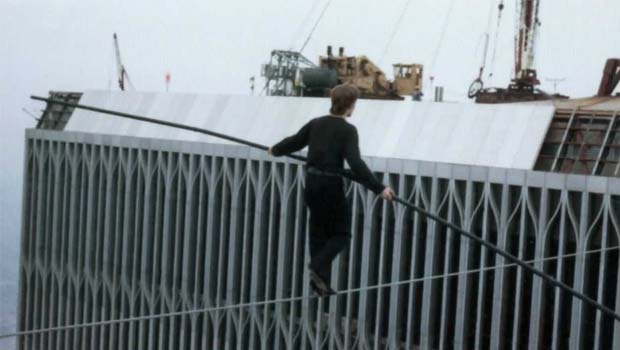 Still of Philippe Petit in his high-wire routine performed between New York City's World Trade Center's twin towers in 1974.